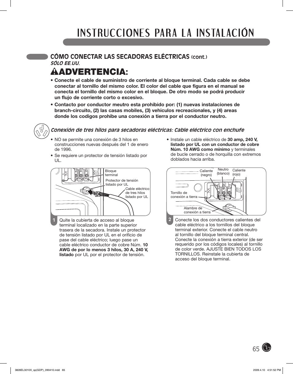Wadvertencia, Cómo conectar las secadoras eléctricas | LG DLG2602R User Manual | Page 65 / 128