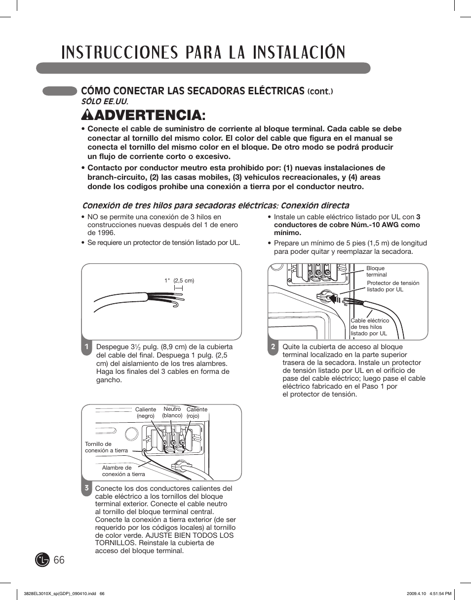 Wadvertencia, Cómo conectar las secadoras eléctricas | LG DLG2602R User Manual | Page 66 / 128