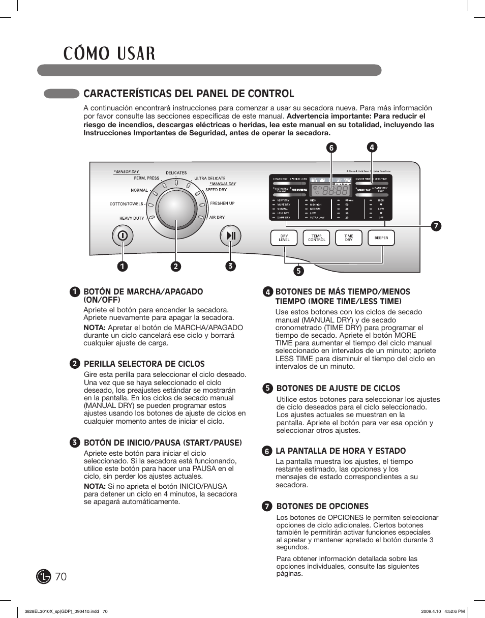 Características del panel de control | LG DLG2602R User Manual | Page 70 / 128
