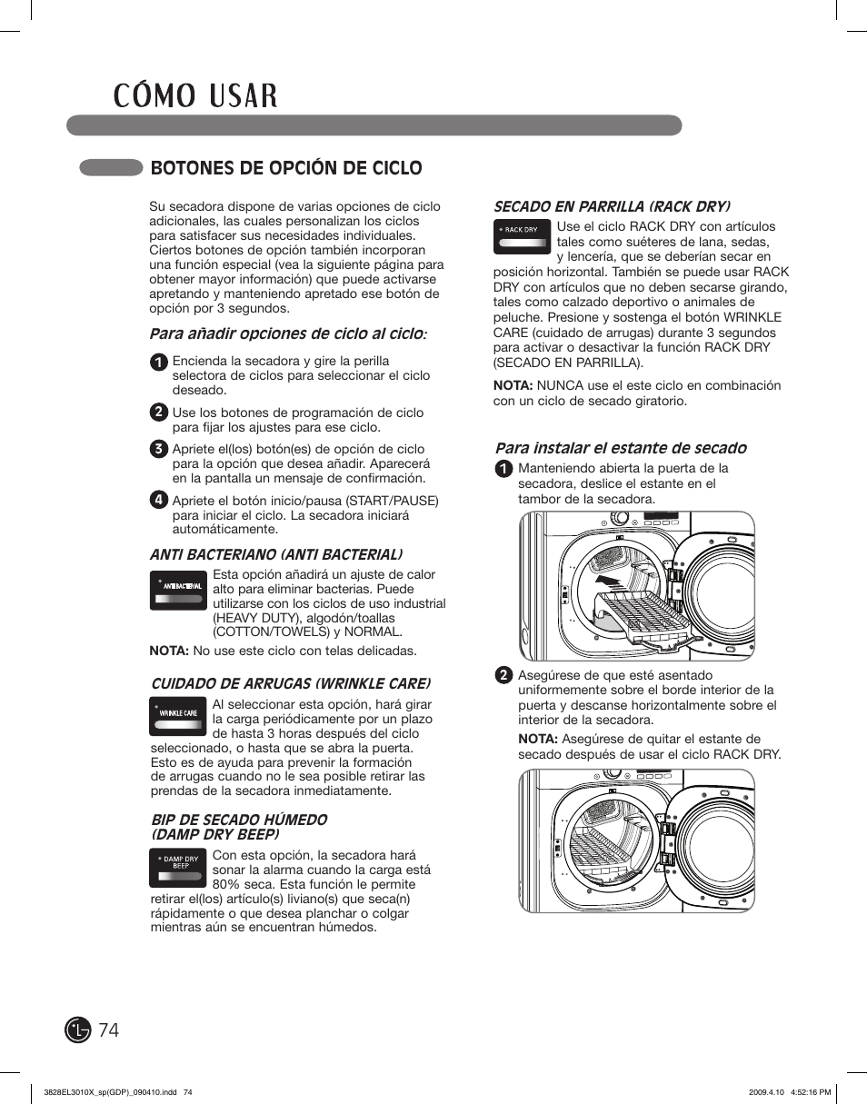 Botones de opción de ciclo | LG DLG2602R User Manual | Page 74 / 128
