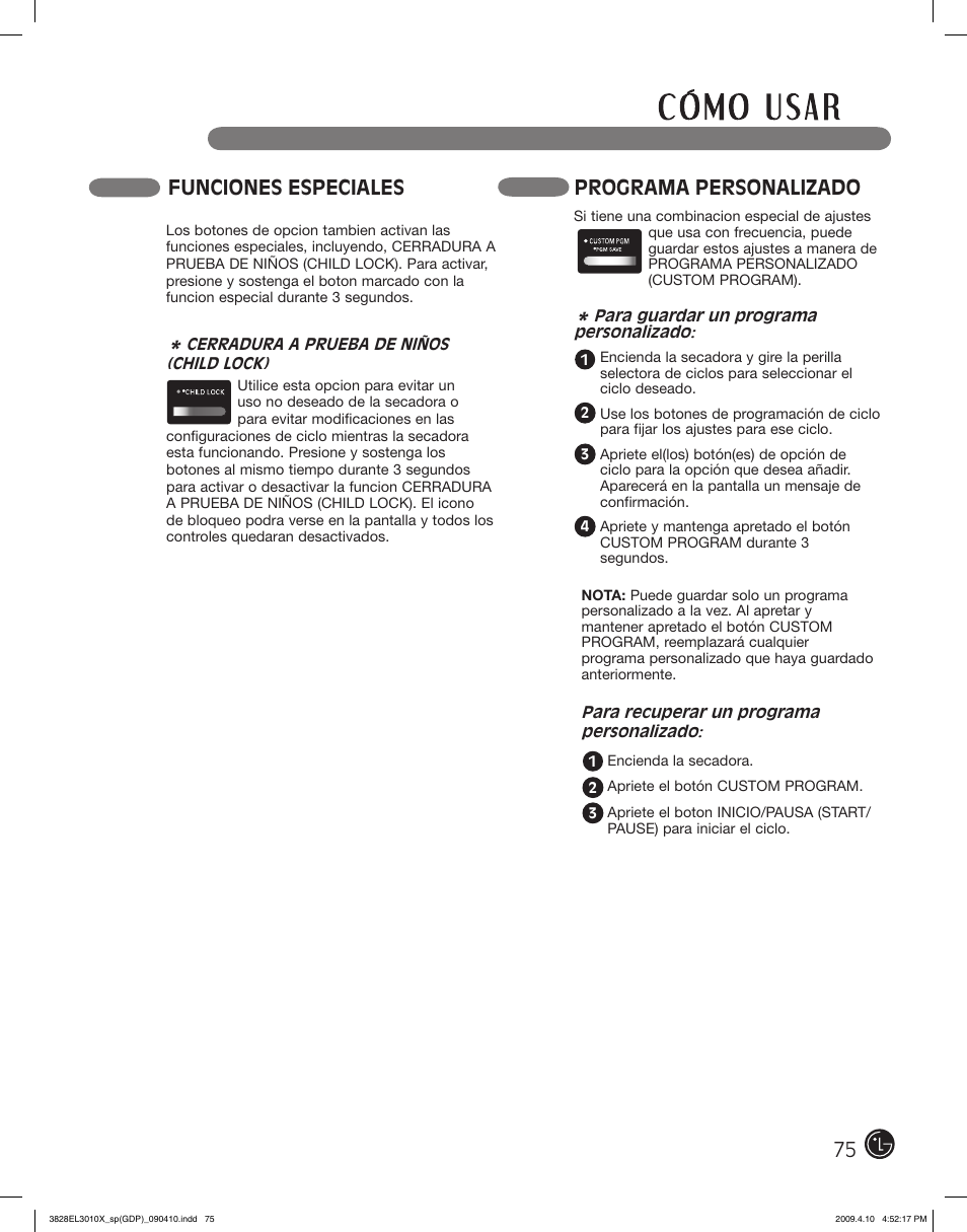 Funciones especiales, Programa personalizado | LG DLG2602R User Manual | Page 75 / 128