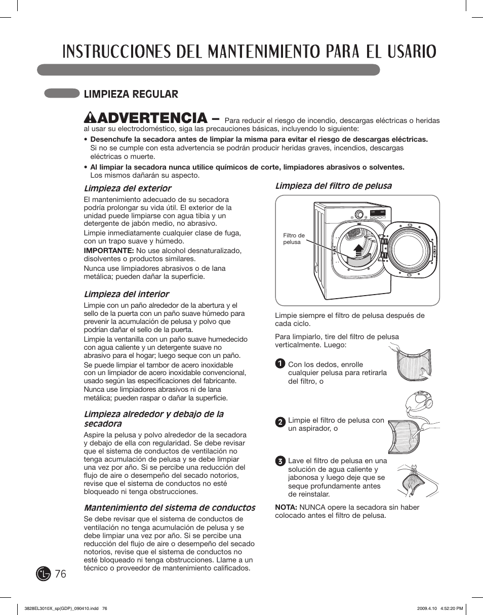 Wadvertencia, Limpieza regular | LG DLG2602R User Manual | Page 76 / 128