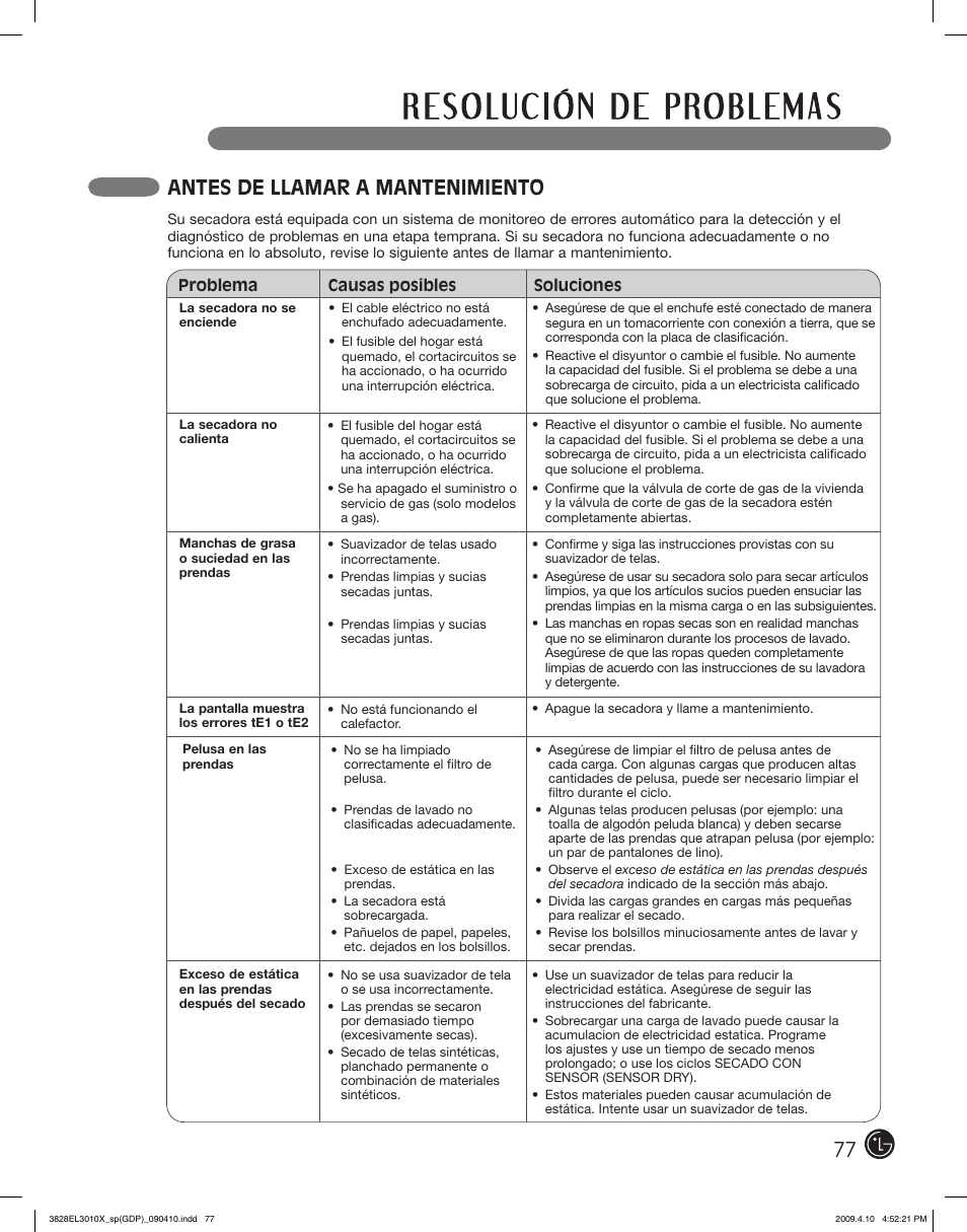 Antes de llamar a mantenimiento | LG DLG2602R User Manual | Page 77 / 128