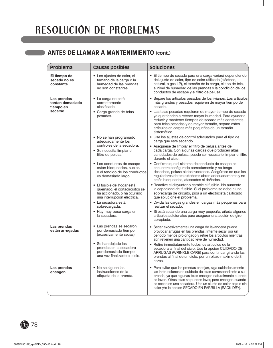 Antes de llamar a mantenimiento | LG DLG2602R User Manual | Page 78 / 128