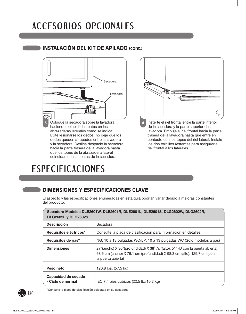 Instalación del kit de apilado, Dimensiones y especificaciones clave | LG DLG2602R User Manual | Page 84 / 128