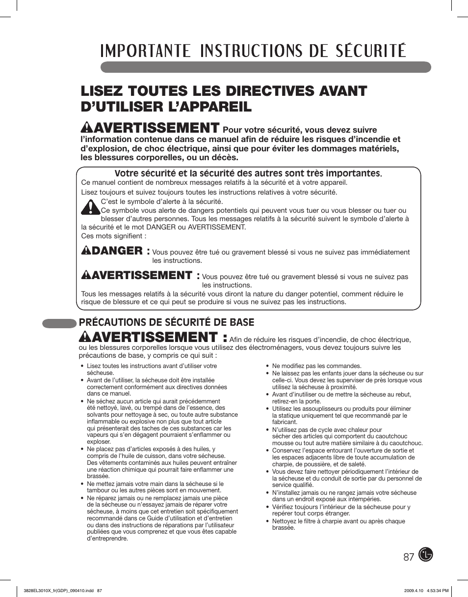 Wavertissement, Wdanger, Précautions de sécurité de base | LG DLG2602R User Manual | Page 87 / 128