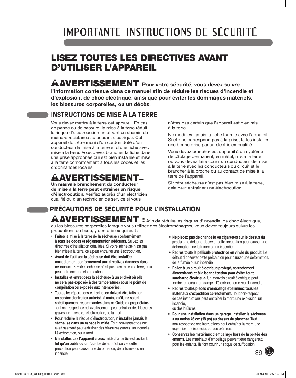 Wavertissement | LG DLG2602R User Manual | Page 89 / 128