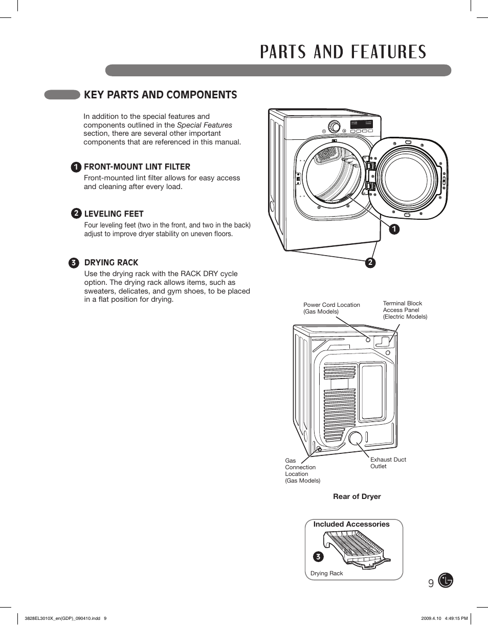 Key parts and components | LG DLG2602R User Manual | Page 9 / 128