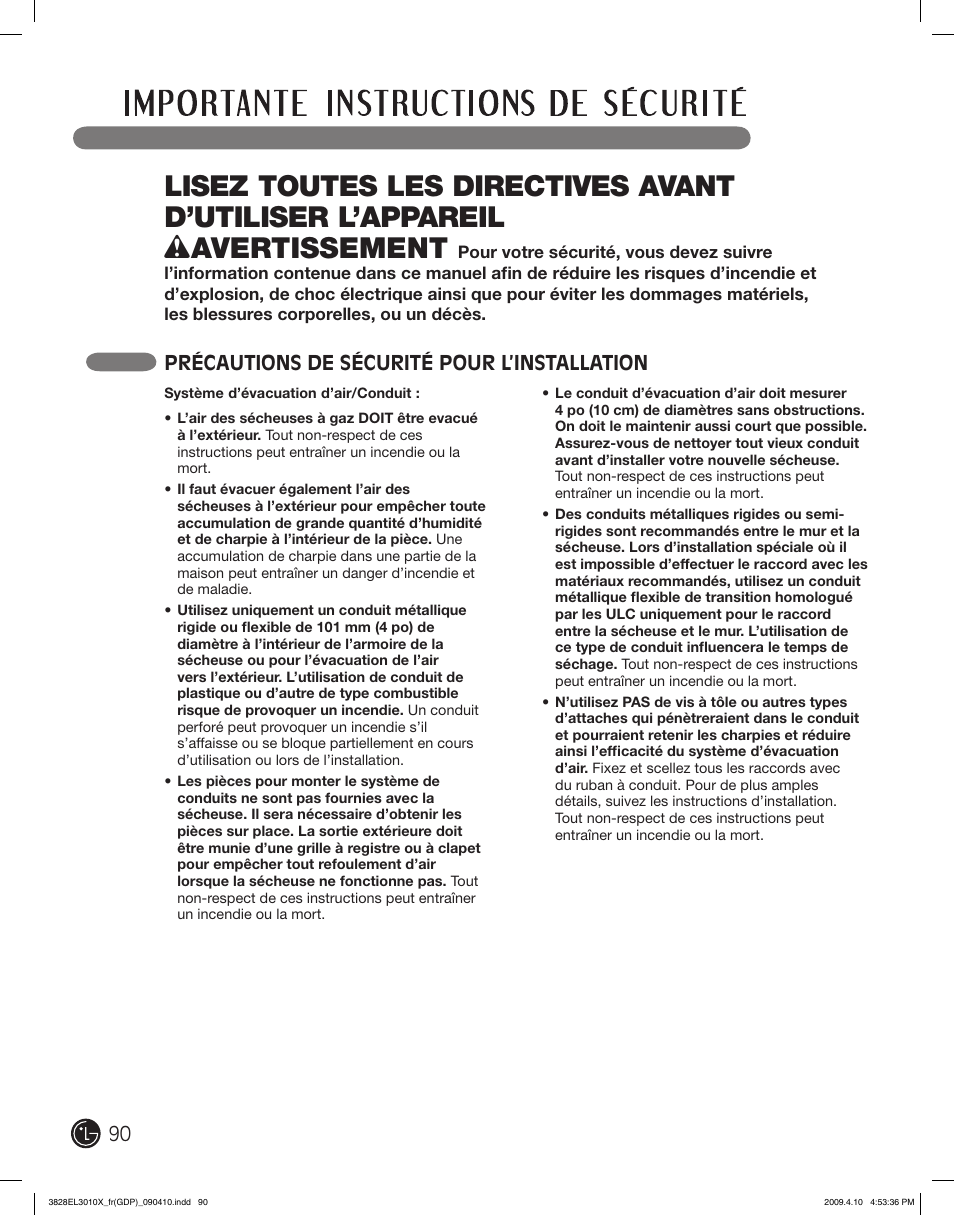 90 précautions de sécurité pour l’installation | LG DLG2602R User Manual | Page 90 / 128