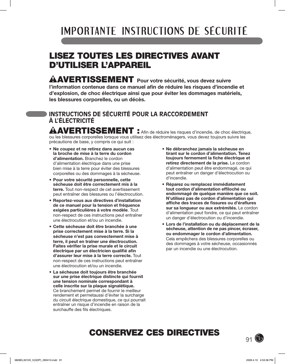 Conservez ces directives, Wavertissement | LG DLG2602R User Manual | Page 91 / 128