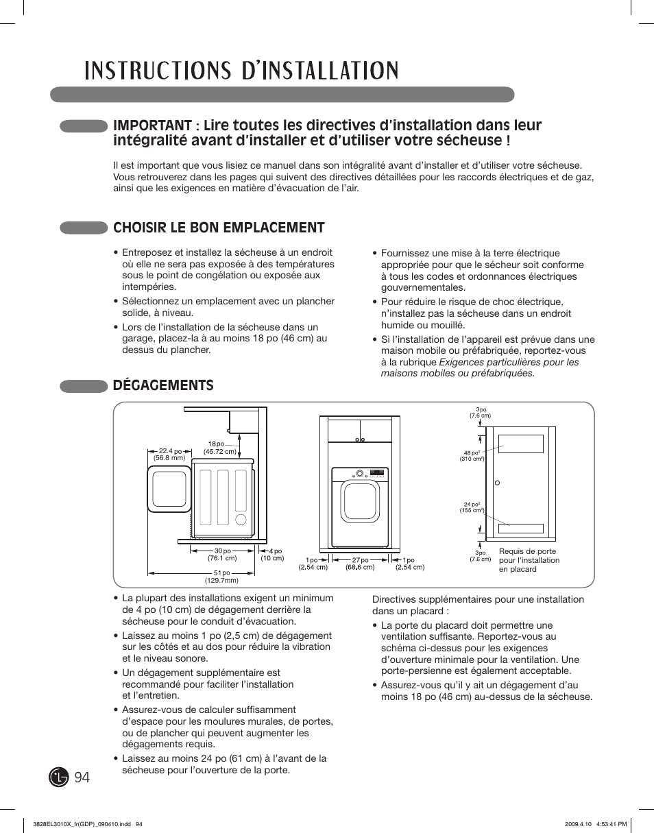 Choisir le bon emplacement, Dégagements | LG DLG2602R User Manual | Page 94 / 128