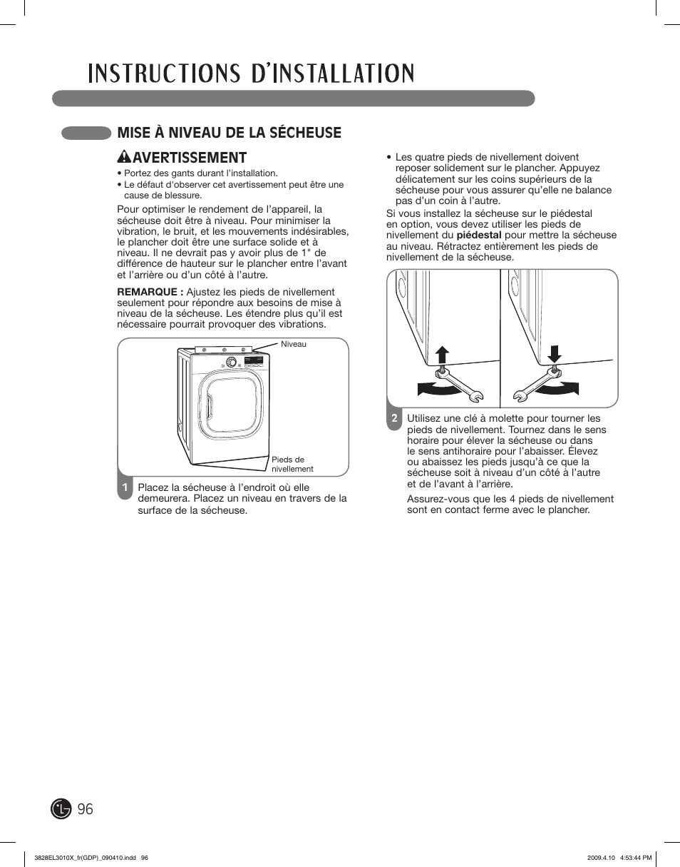 Mise à niveau de la sécheuse, Avertissement | LG DLG2602R User Manual | Page 96 / 128