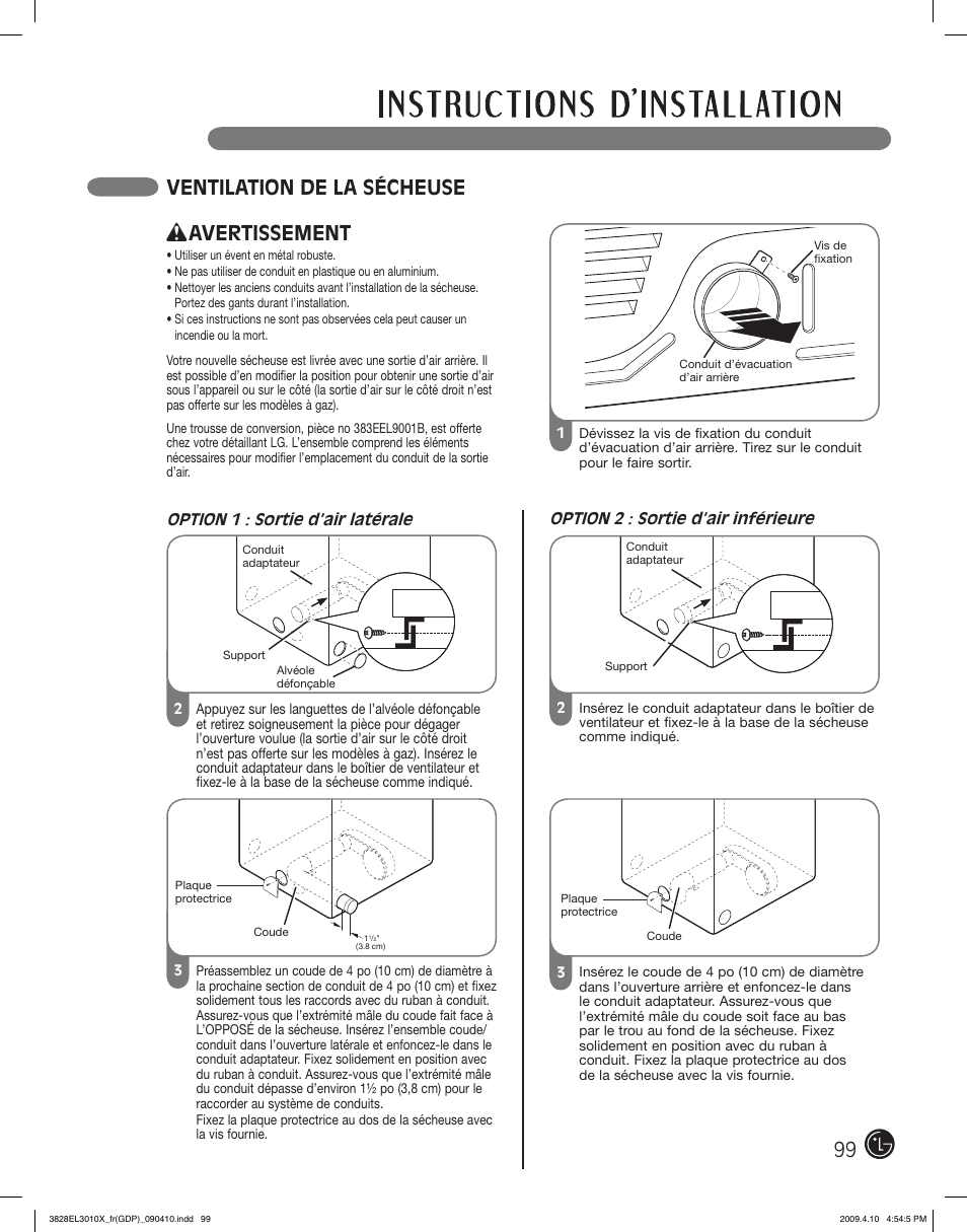 Ventilation de la sécheuse, Avertissement | LG DLG2602R User Manual | Page 99 / 128