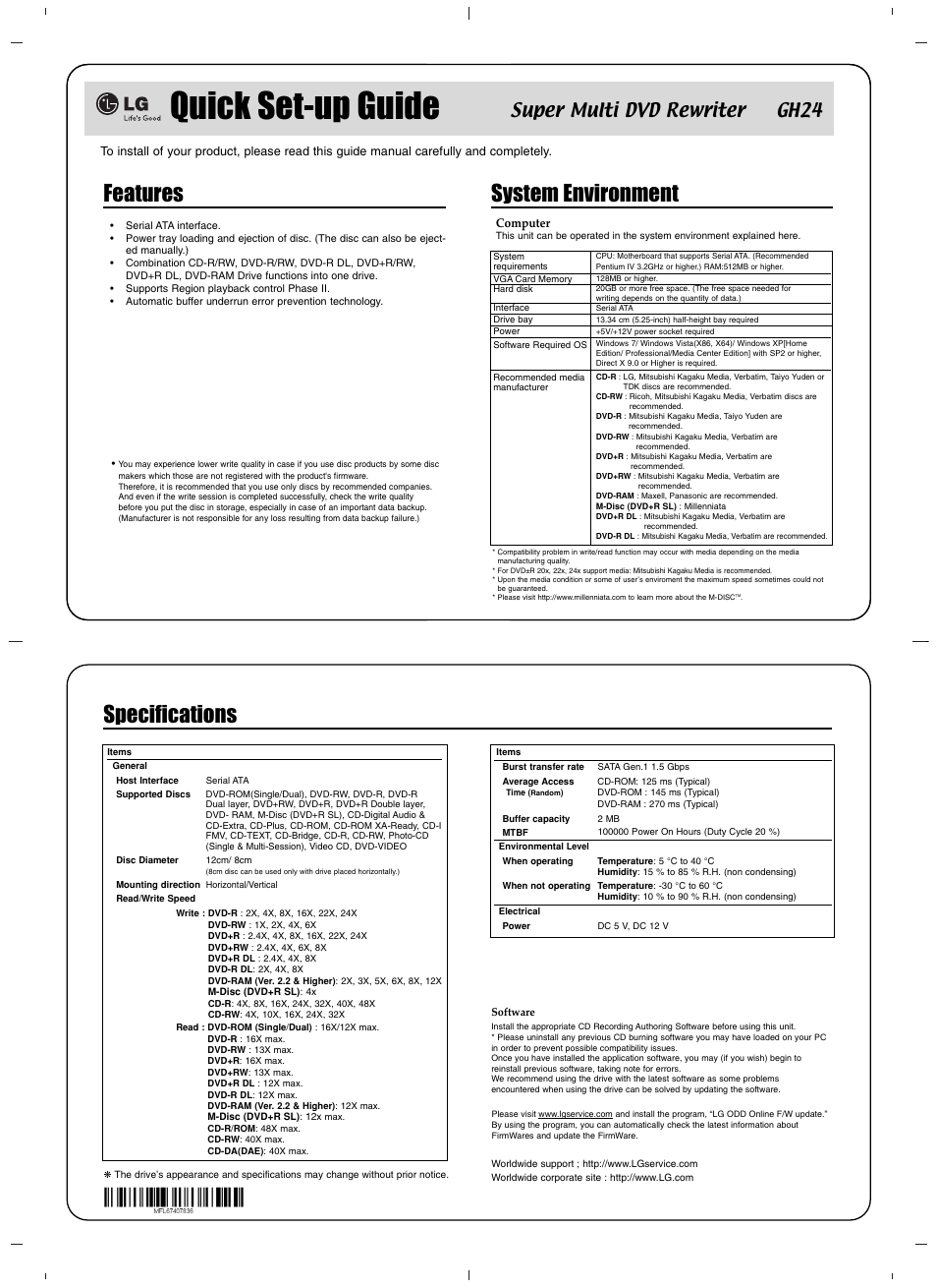 Quick set-up guide, Features, System environment | Specifications, Super multi dvd rewriter gh24 | LG GH24NS72 User Manual | Page 3 / 4