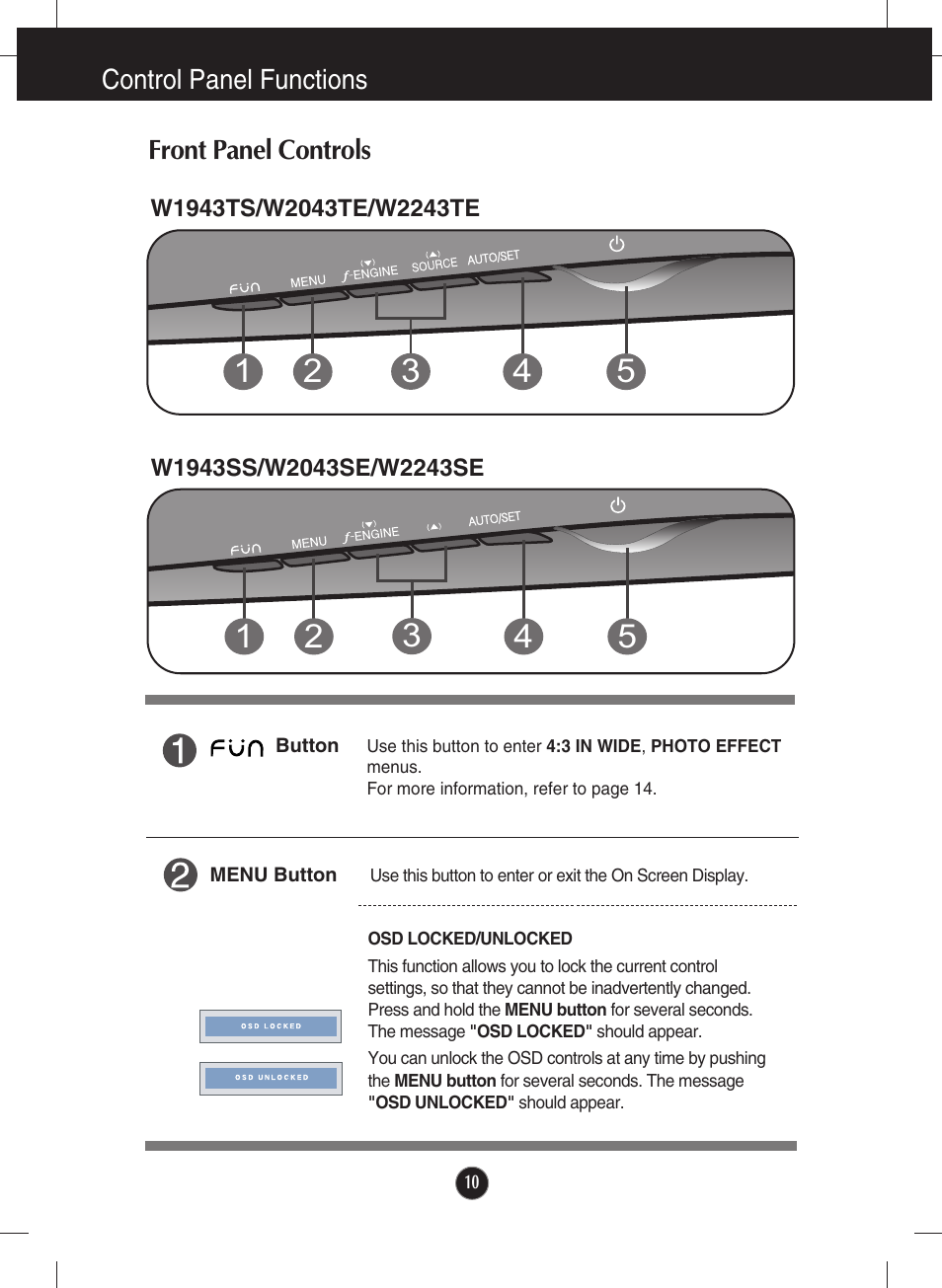 Control panel functions, Front panel controls | LG W2043SE-PF User Manual | Page 11 / 34