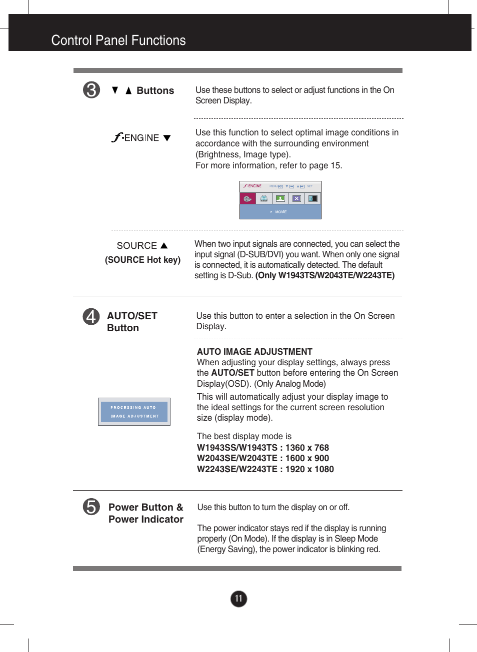 Control panel functions | LG W2043SE-PF User Manual | Page 12 / 34