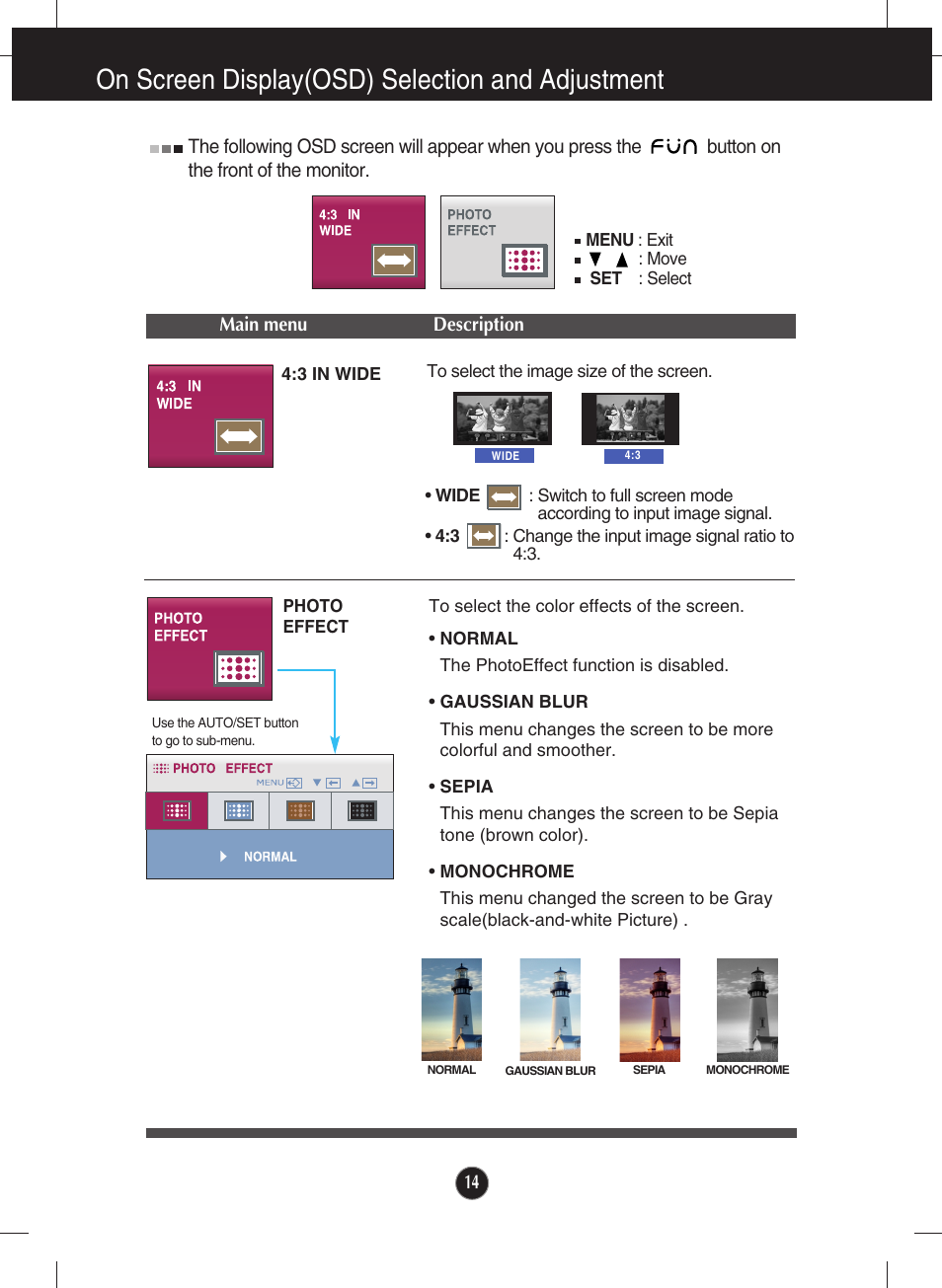 On screen display(osd) selection and adjustment | LG W2043SE-PF User Manual | Page 15 / 34