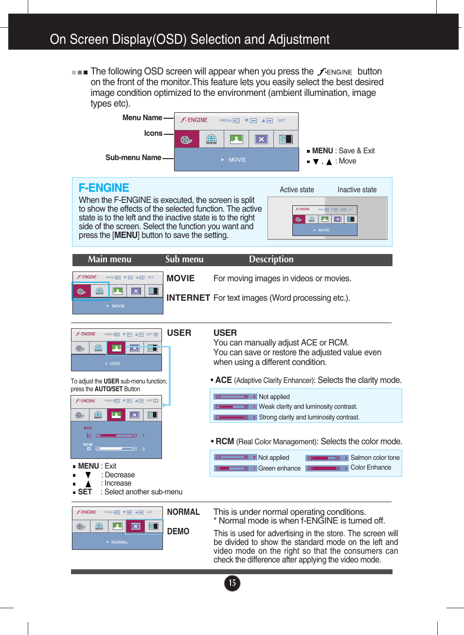 F-engine, On screen display(osd) selection and adjustment | LG W2043SE-PF User Manual | Page 16 / 34