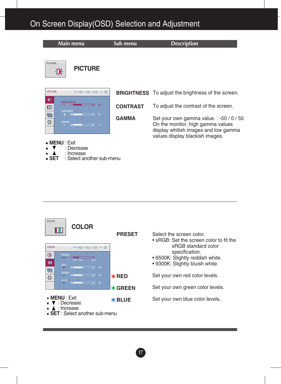 Picture, Color, On screen display(osd) selection and adjustment | LG W2043SE-PF User Manual | Page 18 / 34