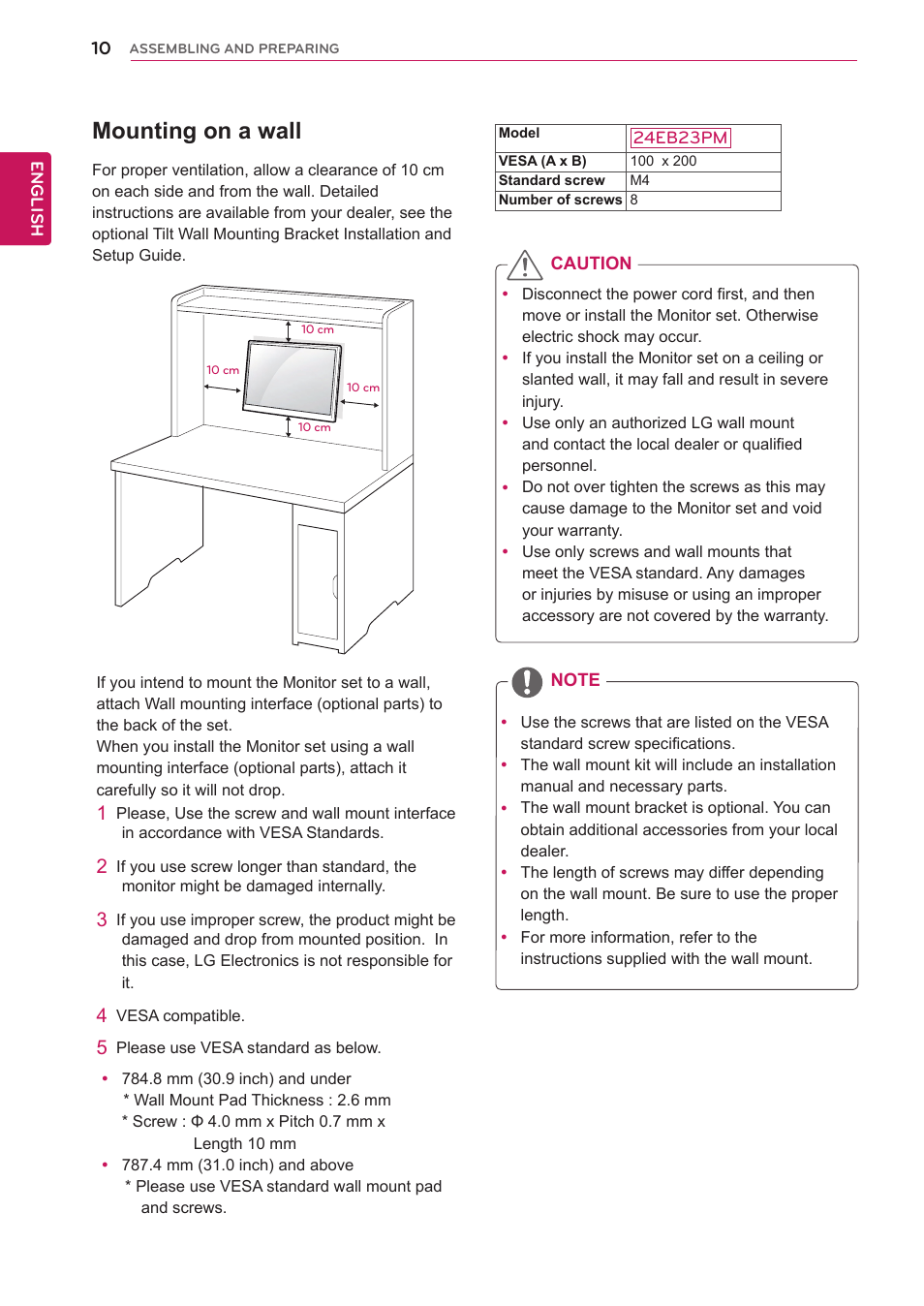 Mounting on a wall | LG 24EB23PM-B User Manual | Page 10 / 30