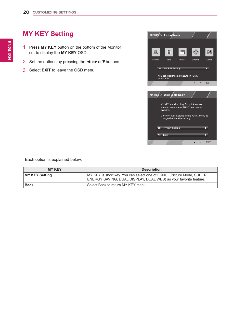 My key setting, 20 my key setting, Information.(see p.20) | LG 24EB23PM-B User Manual | Page 20 / 30