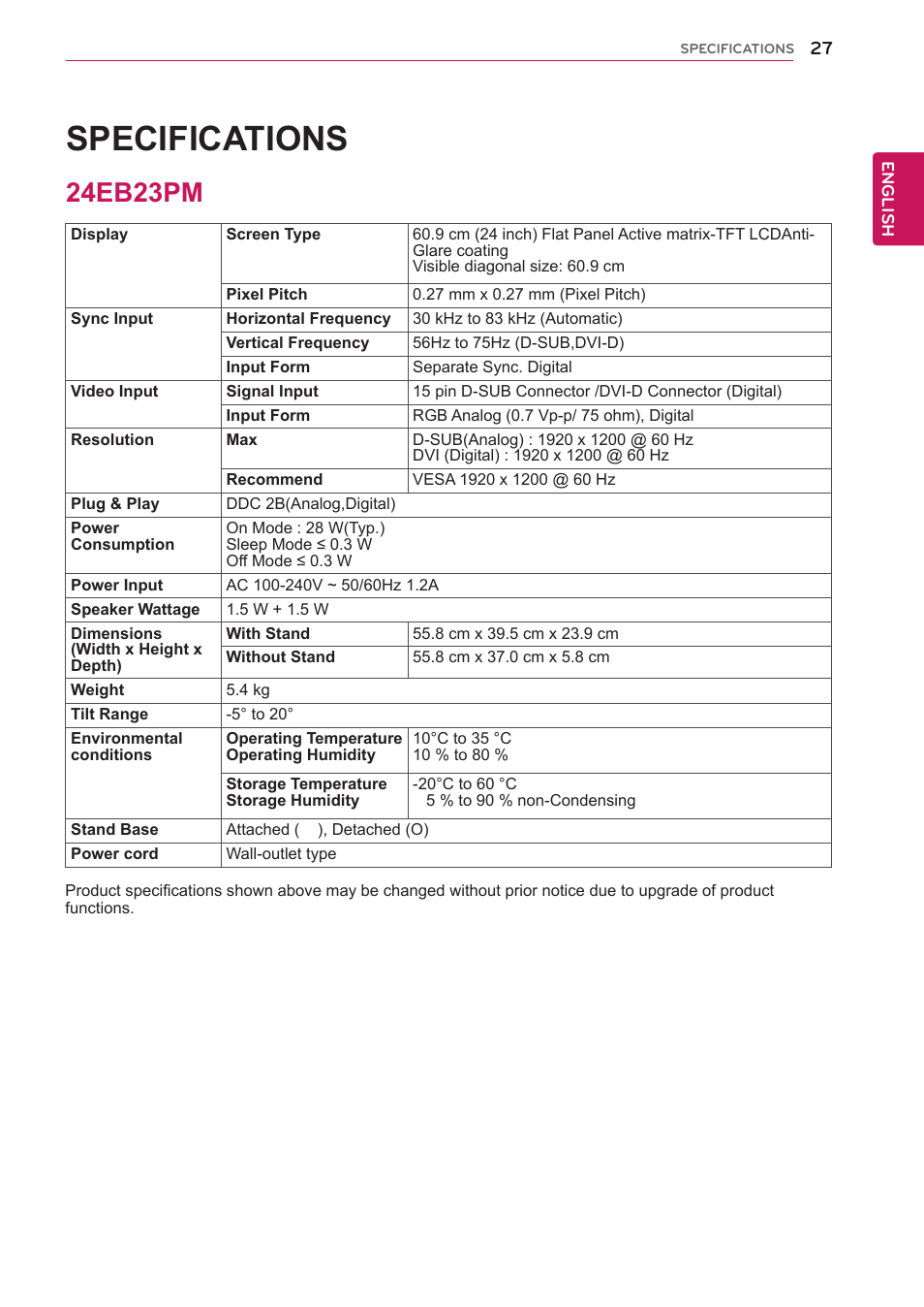 Specifications, 24eb23pm, 27 24eb23pm | LG 24EB23PM-B User Manual | Page 27 / 30