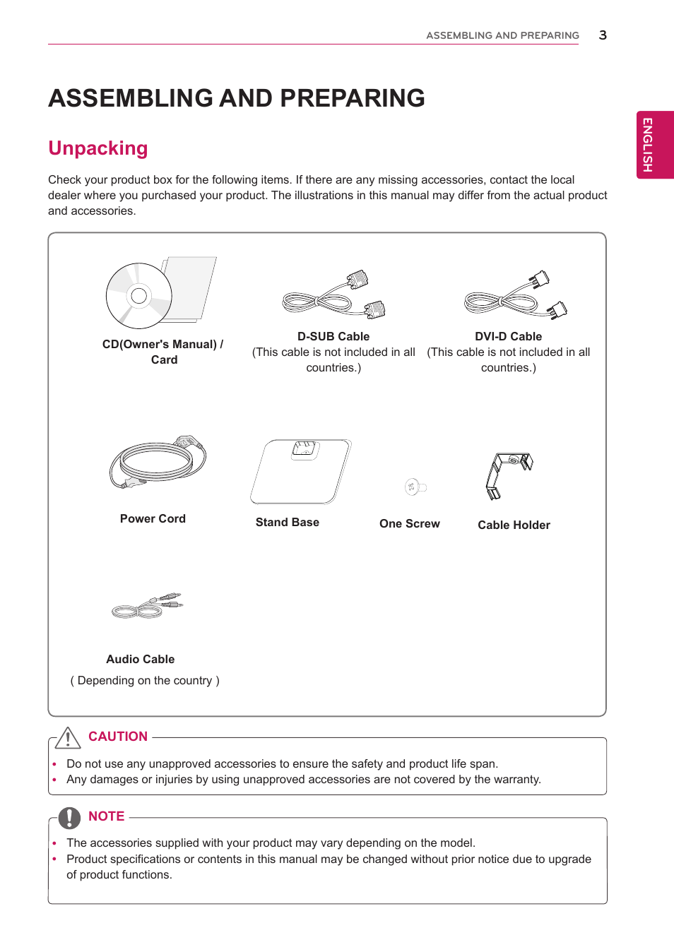 Assembling and preparing, Unpacking, Assembling and prepar | LG 24EB23PM-B User Manual | Page 3 / 30