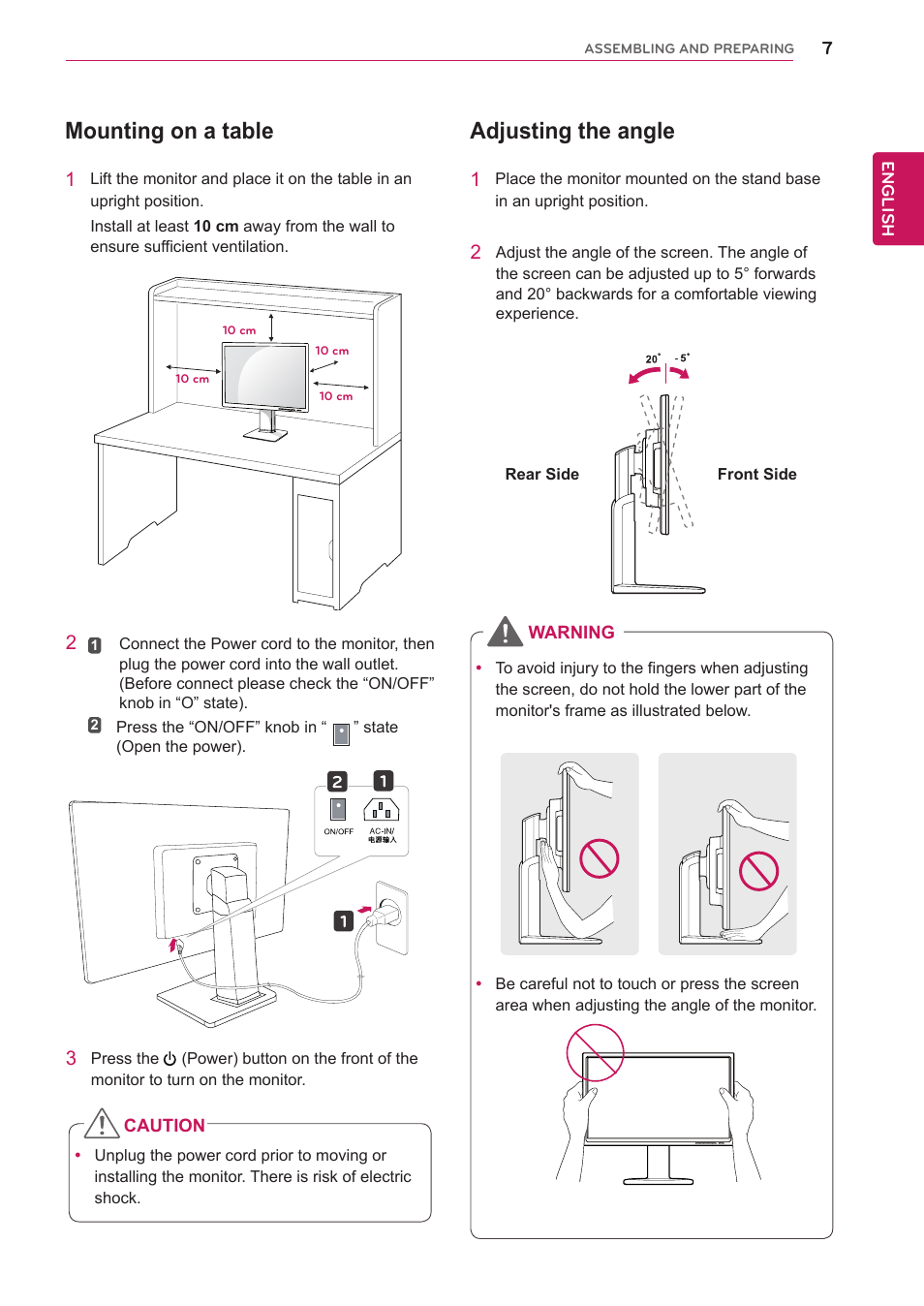 Mounting on a table, Adjusting the angle | LG 24EB23PM-B User Manual | Page 7 / 30