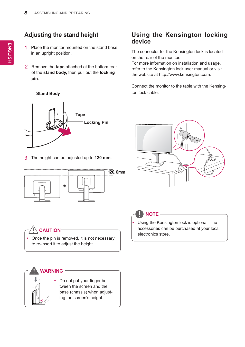 Adjusting the stand height, Using the kensington locking device | LG 24EB23PM-B User Manual | Page 8 / 30