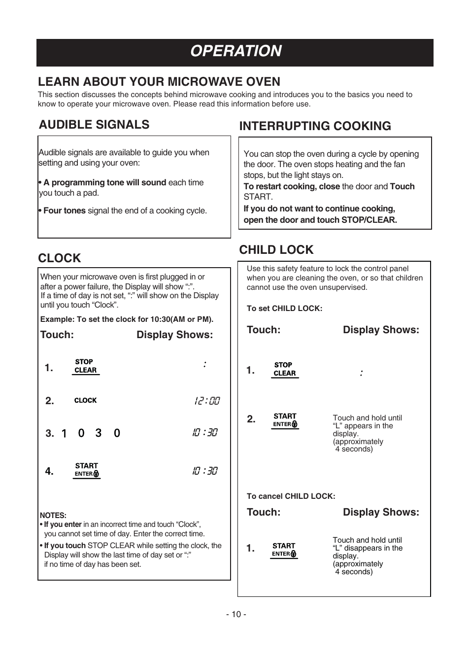 Operation, Learn about your microwave oven, Audible signals | Clock, Child lock, Interrupting cooking | LG LMV1683SW User Manual | Page 10 / 30