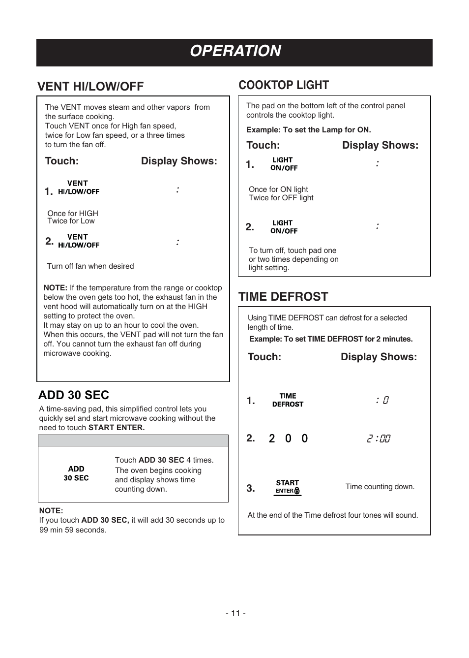 Operation, Cooktop light, Time defrost | Add 30 sec | LG LMV1683SW User Manual | Page 11 / 30