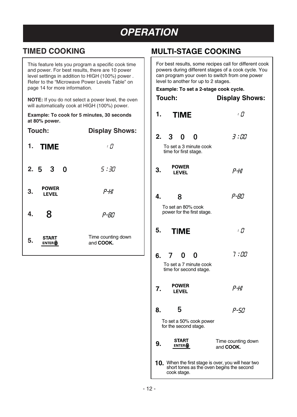Operation, Timed cooking, Multi-stage cooking | LG LMV1683SW User Manual | Page 12 / 30