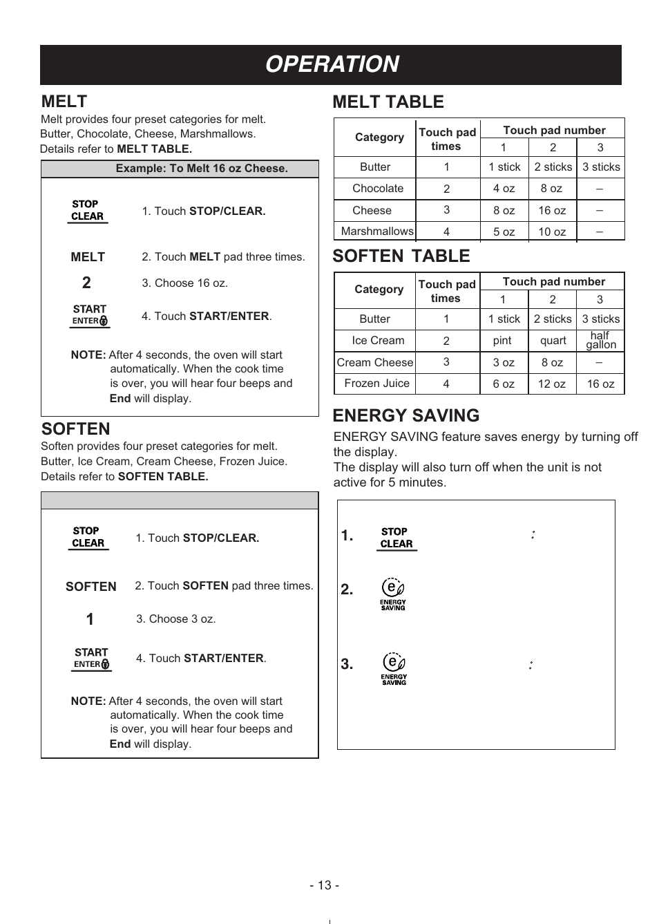 Operation, Melt table soften table, Melt | Soften | LG LMV1683SW User Manual | Page 13 / 30