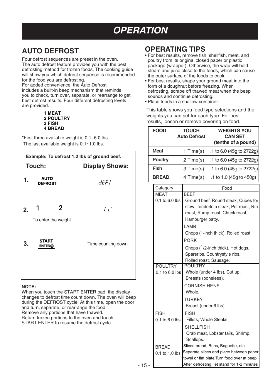 Operation, Auto defrost, Operating tips | Touch: display shows: 1. 2. 1. 2 | LG LMV1683SW User Manual | Page 15 / 30