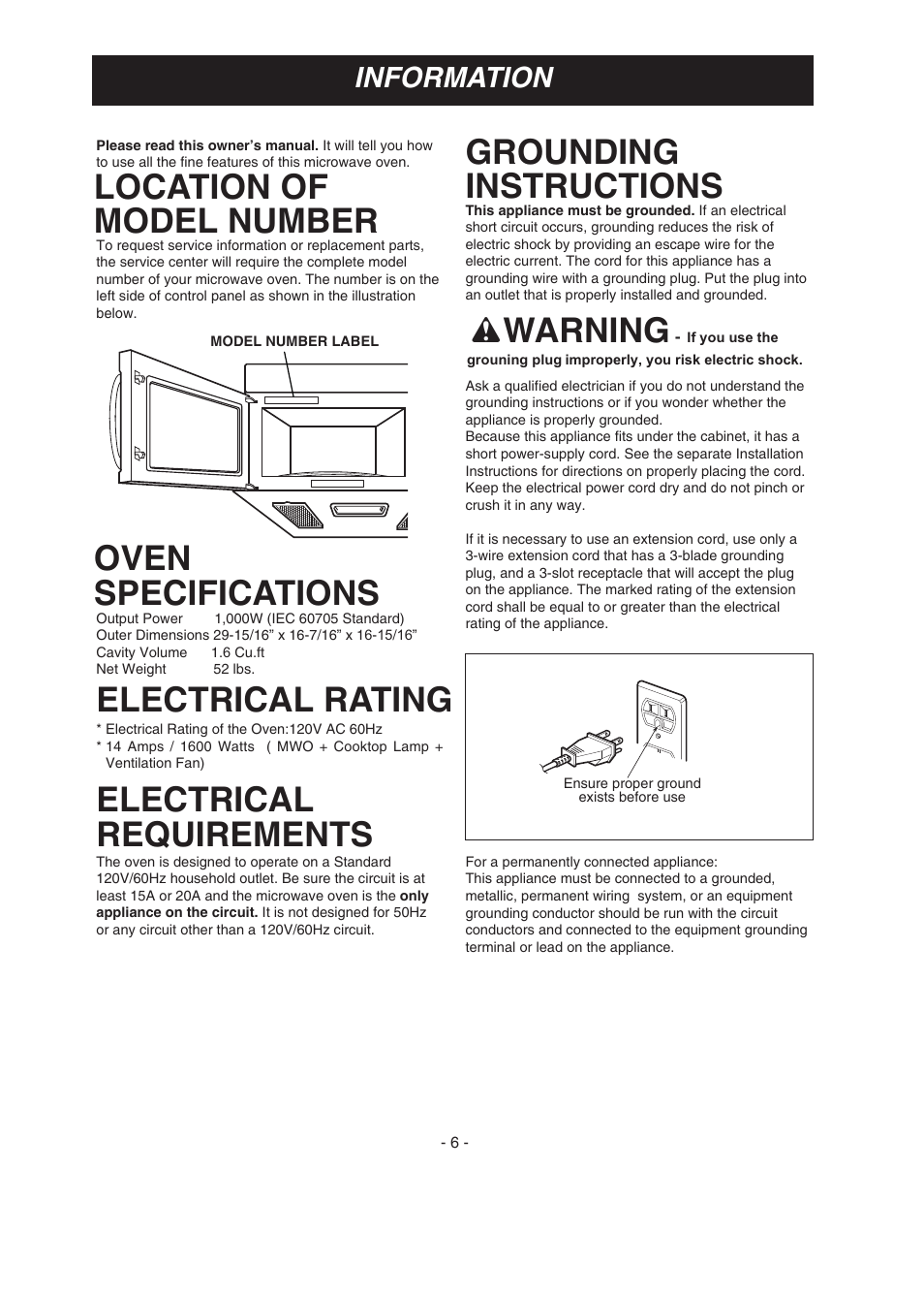 Location of model number, Oven specifications, Electrical rating | Electrical requirements, Grounding instructions, Warning, Information | LG LMV1683SW User Manual | Page 6 / 30