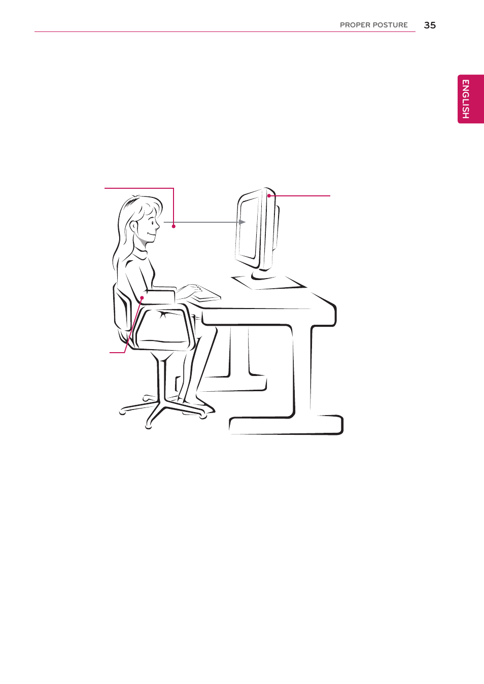 Proper posture, Proper posture for using the monitor set | LG 22EN43T-B User Manual | Page 35 / 36