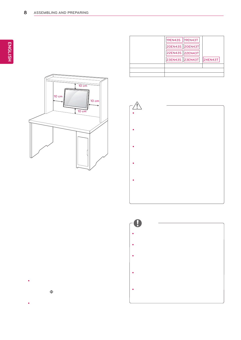 Mounting on a wall | LG 22EN43T-B User Manual | Page 8 / 36