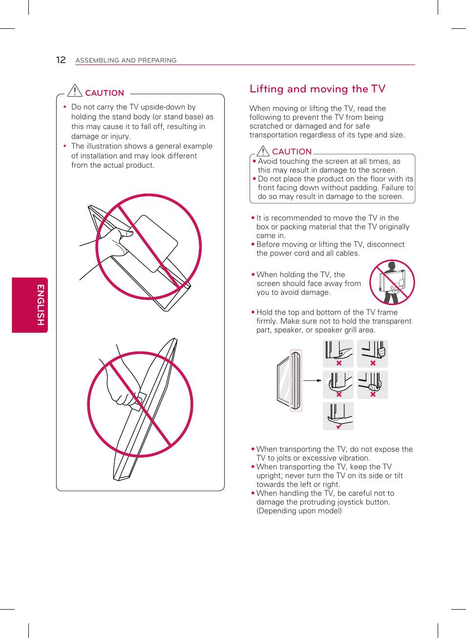 Lifting and moving the tv, 12 english | LG 29LB4510 User Manual | Page 12 / 28