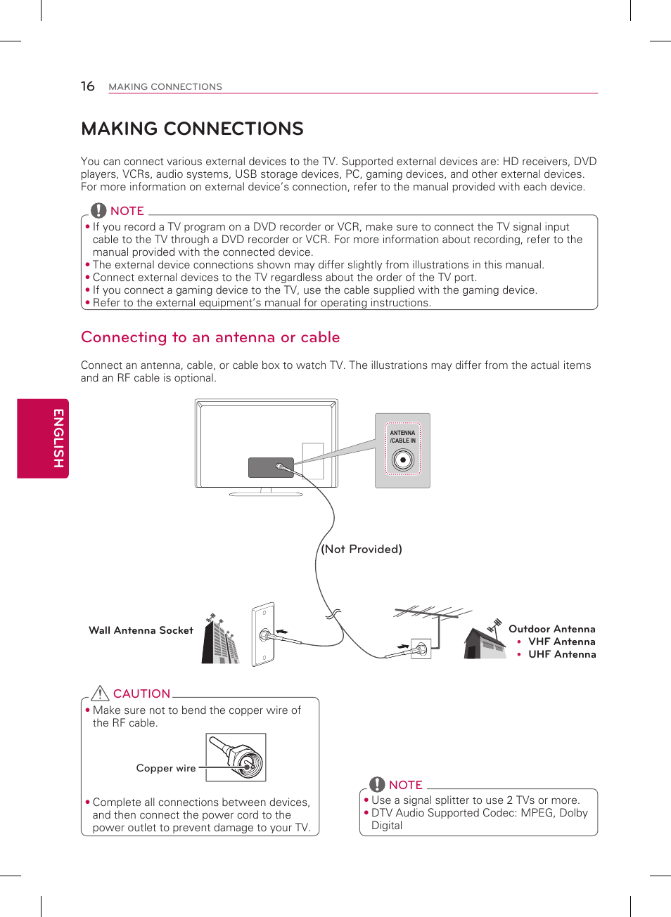 Making connections, Connecting to an antenna or cable, 16 english | LG 29LB4510 User Manual | Page 16 / 28