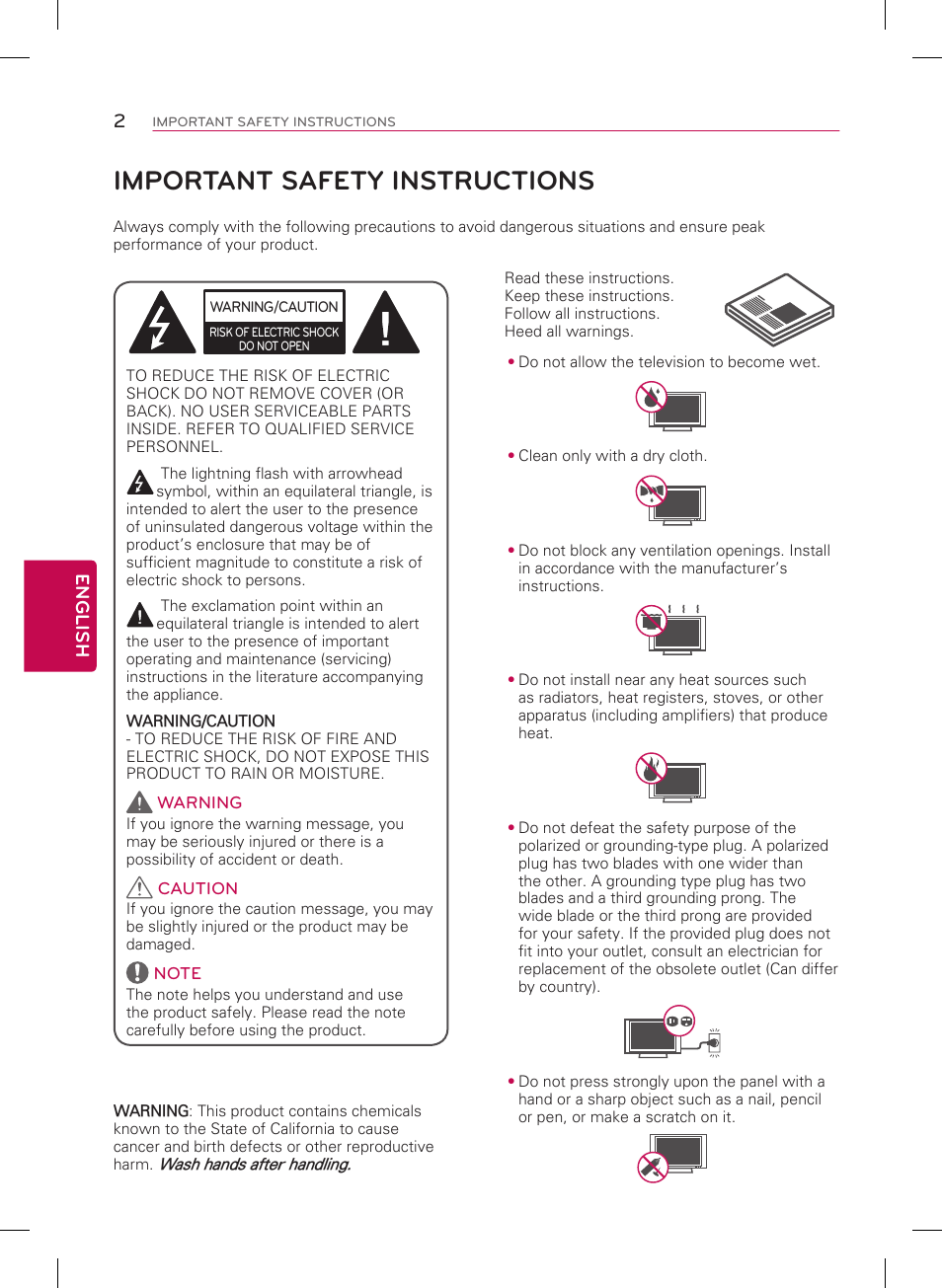 Important safety instructions, 2english | LG 29LB4510 User Manual | Page 2 / 28