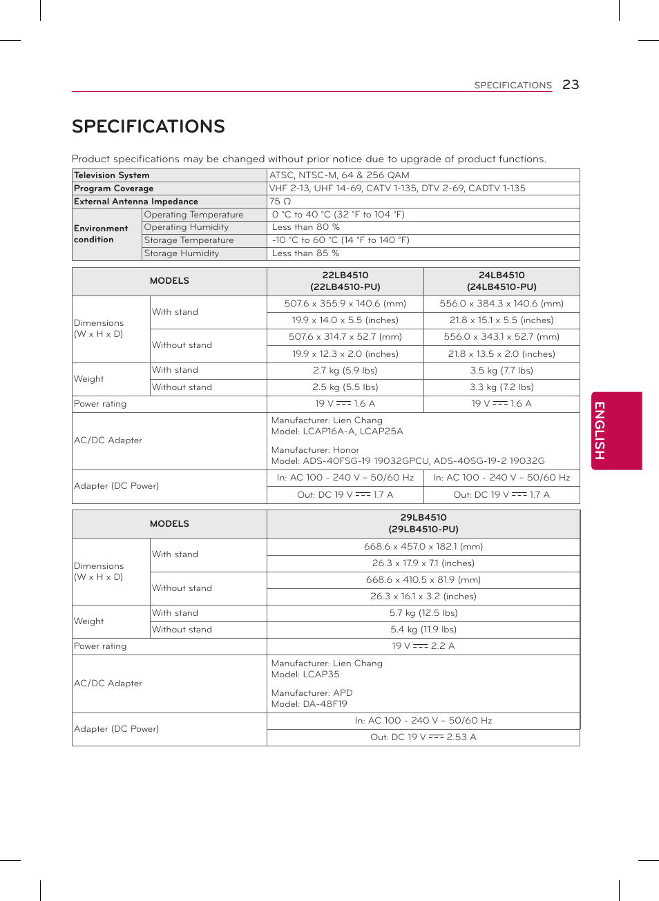 Specifications, 23 english | LG 29LB4510 User Manual | Page 23 / 28