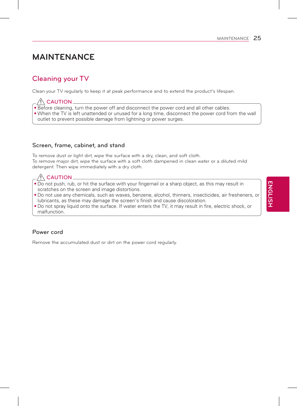 Maintenance, Cleaning your tv | LG 29LB4510 User Manual | Page 25 / 28