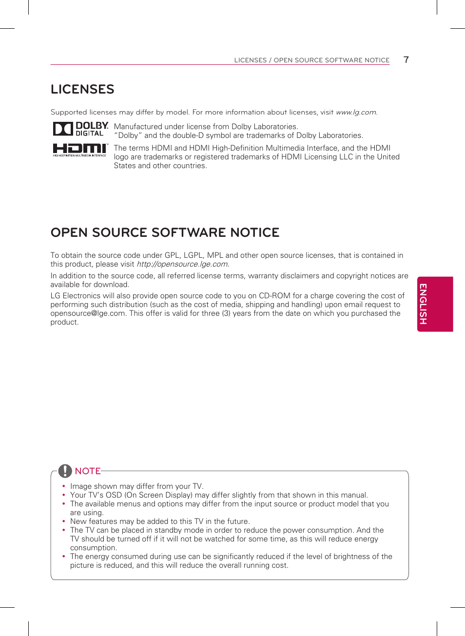 Licenses, Open source software notice | LG 29LB4510 User Manual | Page 7 / 28