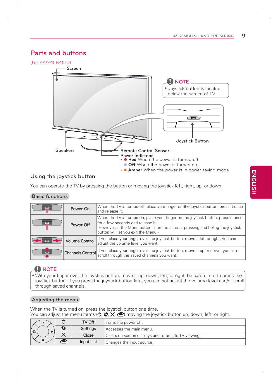 Parts and buttons, 9english, Using the joystick button | LG 29LB4510 User Manual | Page 9 / 28