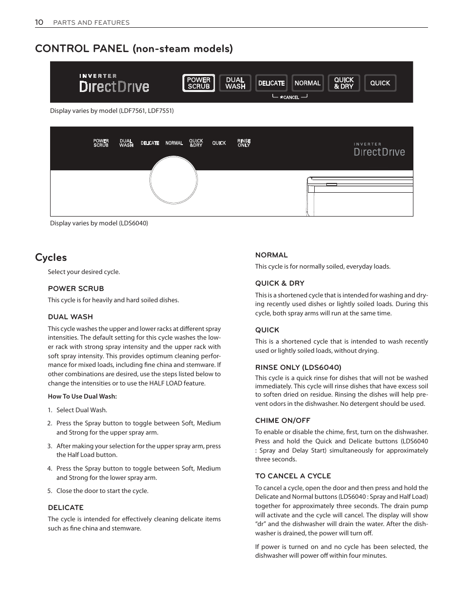 Control panel (non-steam models) cycles | LG LDF7551ST User Manual | Page 10 / 100