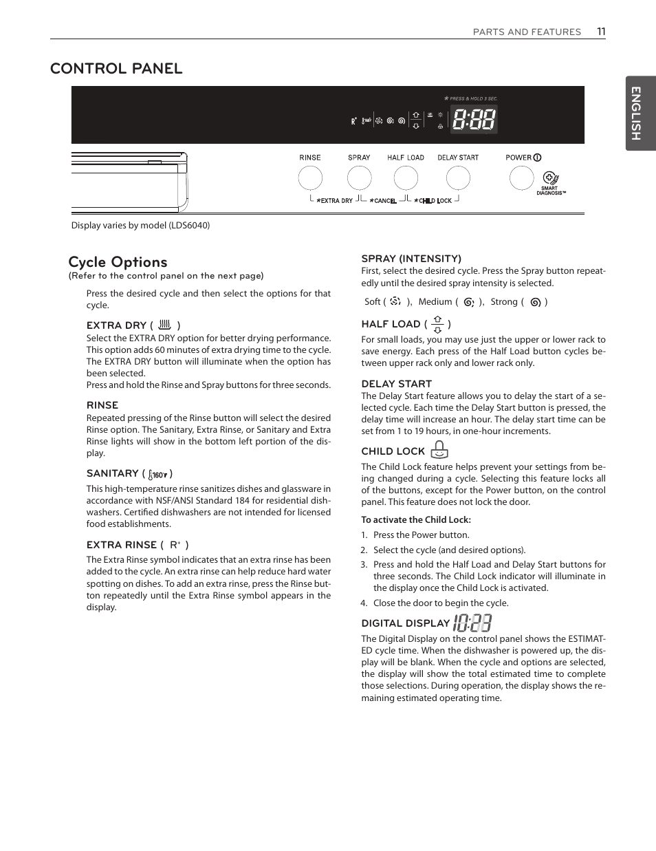 Control panel, Cycle options | LG LDF7551ST User Manual | Page 11 / 100