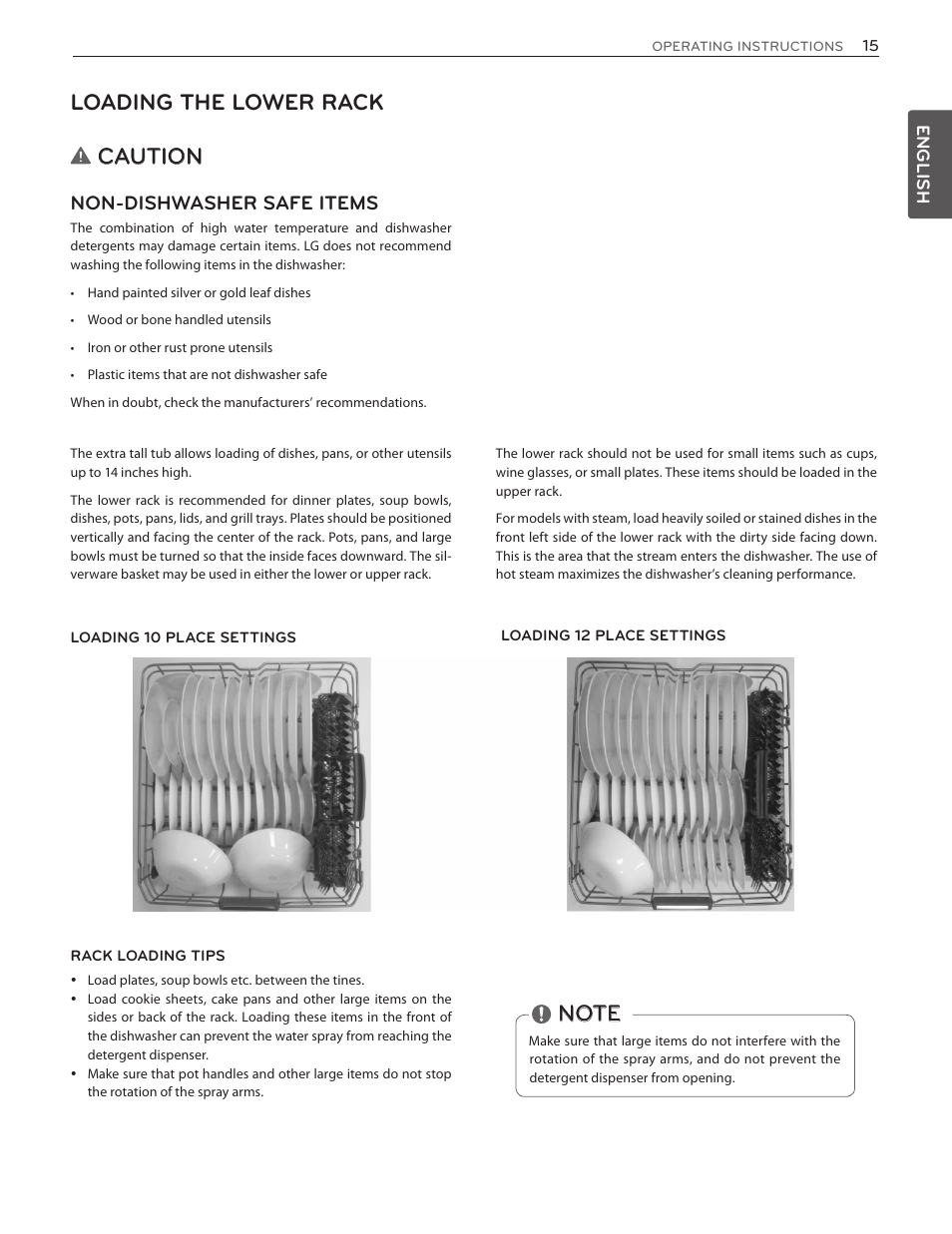 Caution, Loading the lower rack, Non-dishwasher safe items | LG LDF7551ST User Manual | Page 15 / 100