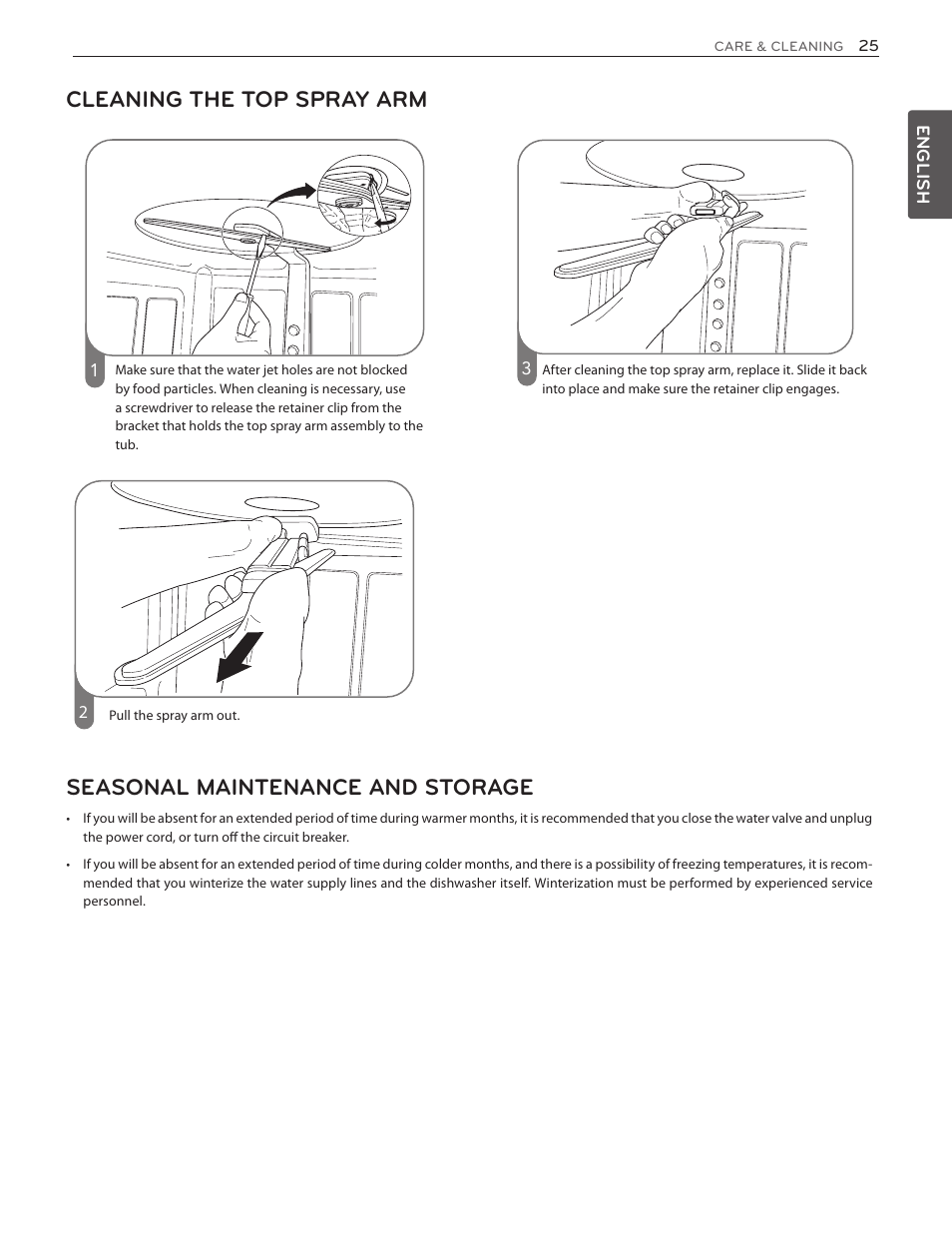 Cleaning the top spray arm, Seasonal maintenance and storage | LG LDF7551ST User Manual | Page 25 / 100