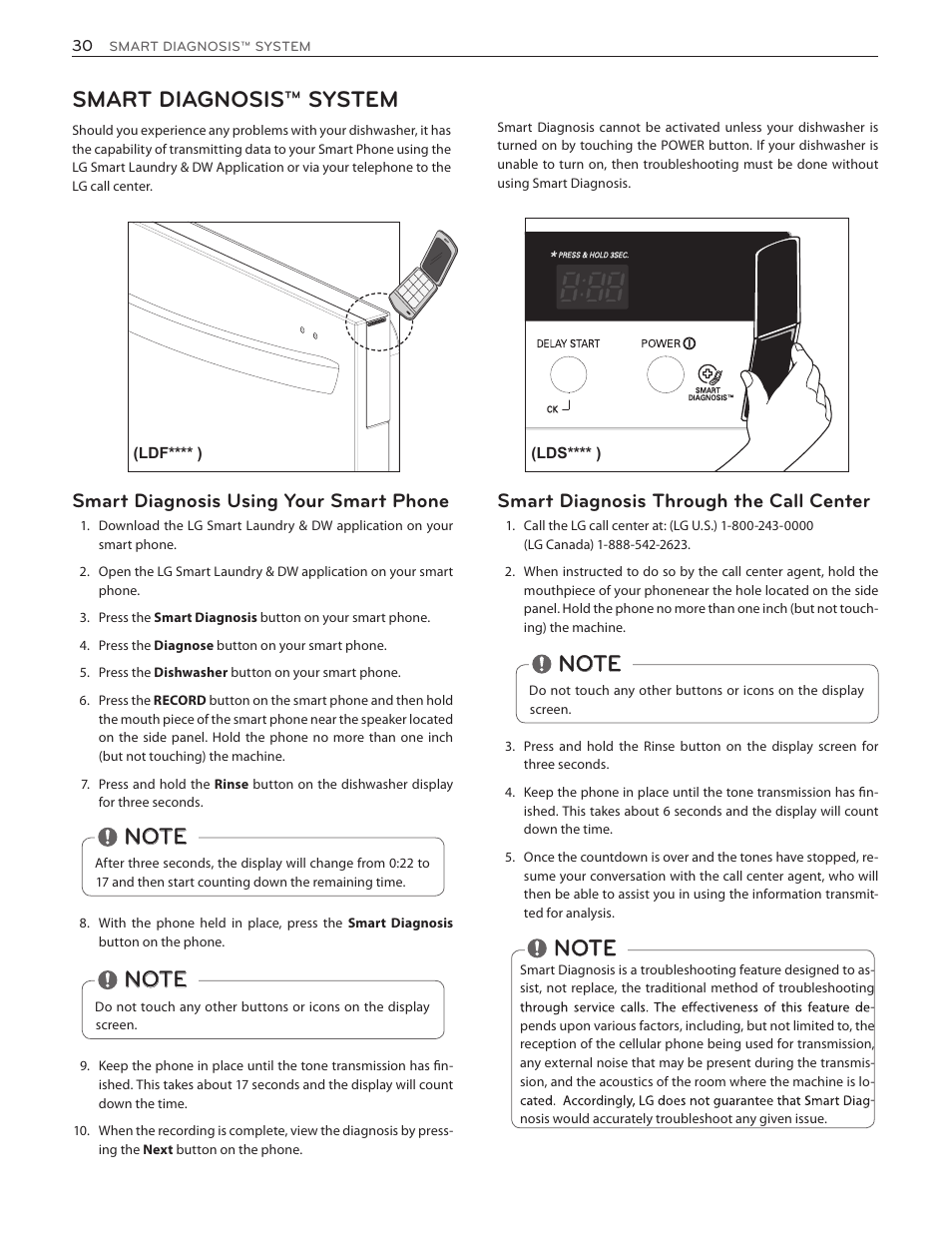 Smart diagnosis™ system, Smart diagnosis through the call center, Smart diagnosis using your smart phone | LG LDF7551ST User Manual | Page 30 / 100