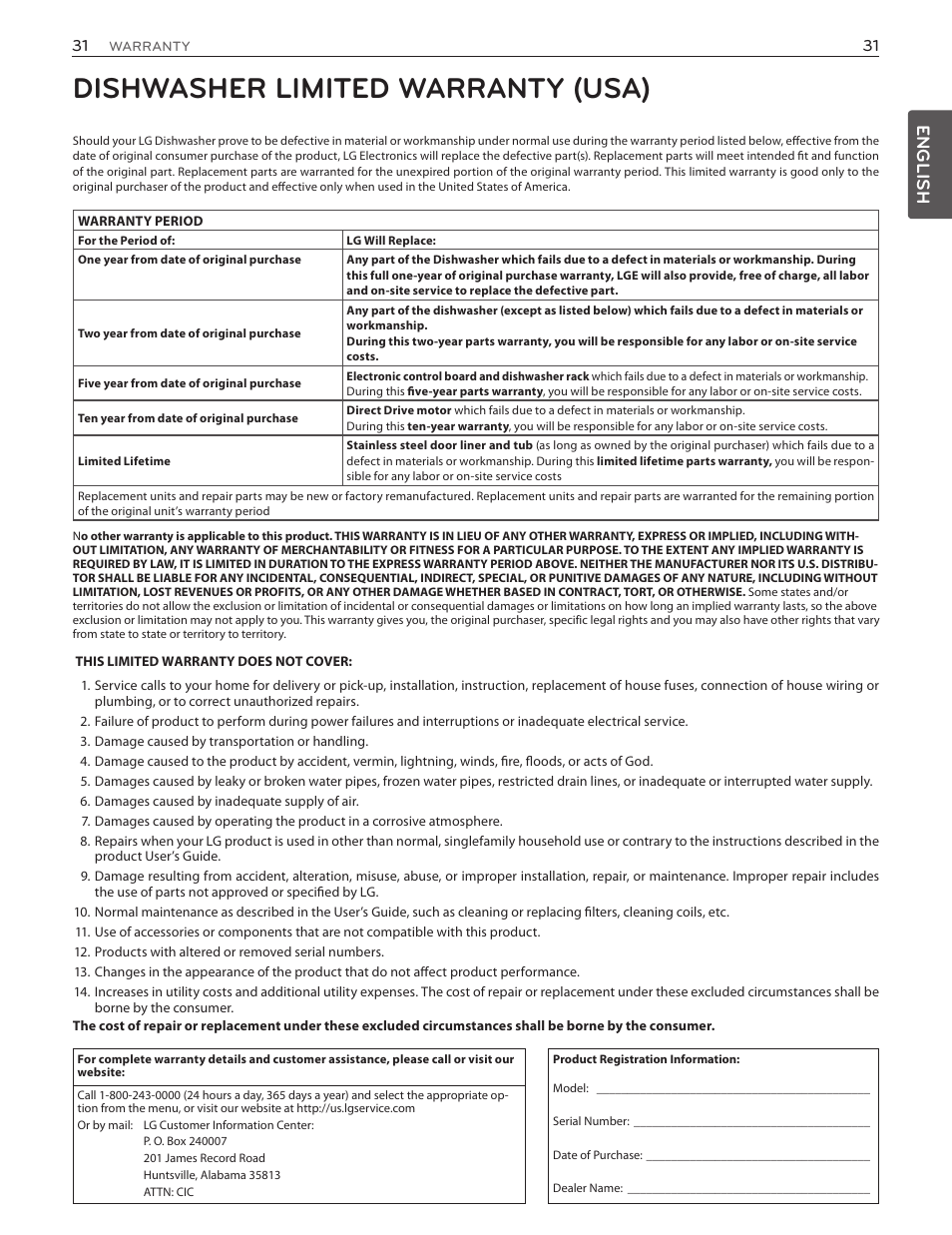 Dishwasher limited warranty (usa), English | LG LDF7551ST User Manual | Page 31 / 100